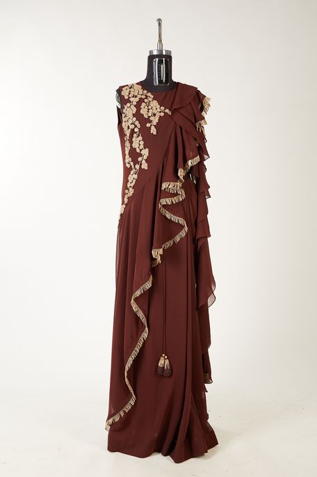 georgette satin chocolate brown gown with jacket