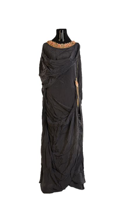 crepe blended silk charcoal grey gown