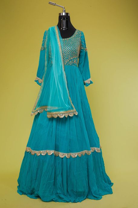 crepe net / tule sapphire aqua blue light persian sea green gown with dupatta