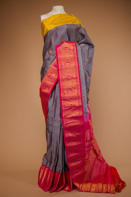 Gadwal silk pure light steel grey saree with blouse