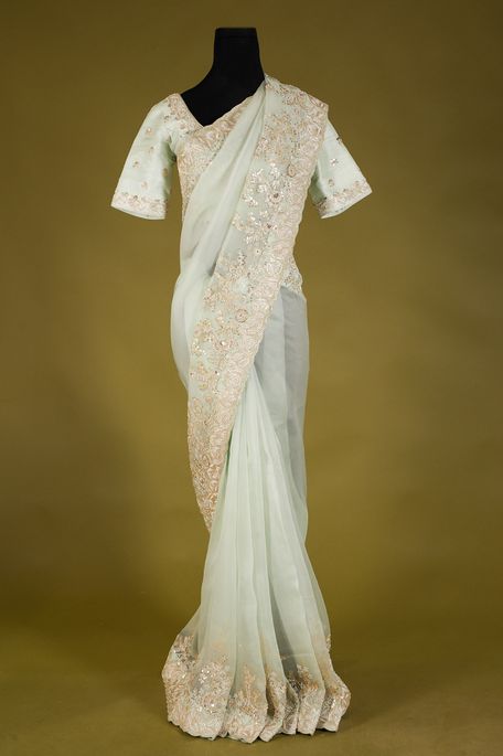 organza mint sea green blush saree with stitched blouse