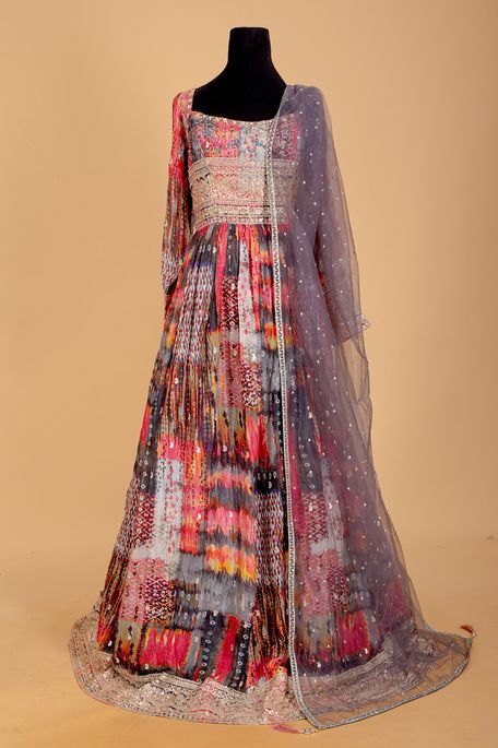 crepe net / tule black charcoal grey fuschia pink gown with dupatta