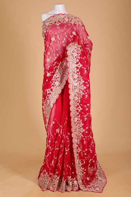 organza blood red saree with blouse