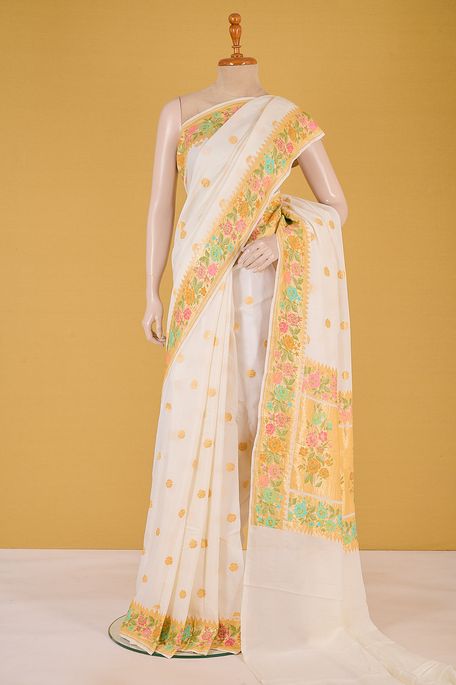 Mysore crepe white saree with blouse