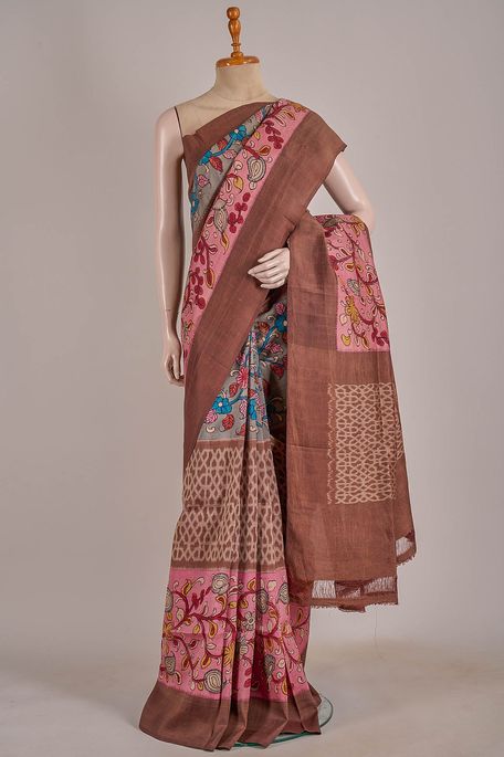 tussar dark khakhi green brown light steel grey light lavender pink saree with blouse
