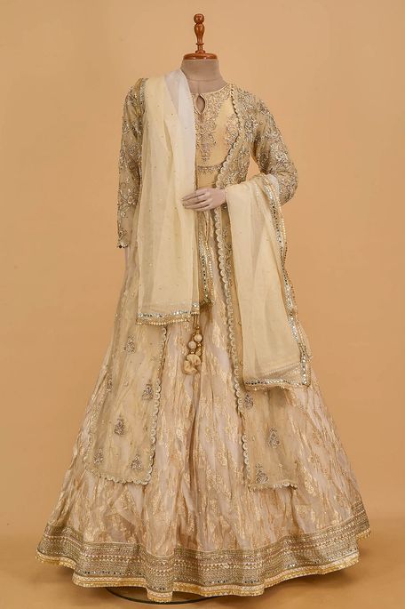 organza light beige dark cream gown with dupatta