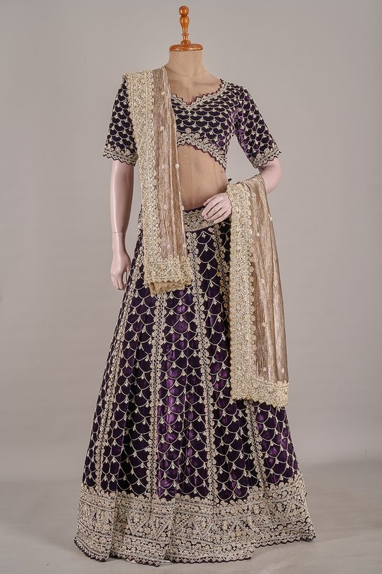 tissue velvet dark violet purple ghagra choli ready to wear