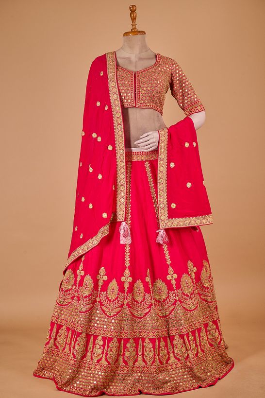 dupion organza fuschia pink Ghagra Choli Ready To Wear With Belt