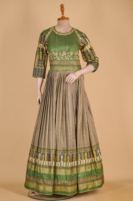 dupion light khakhi green brown olive green gown