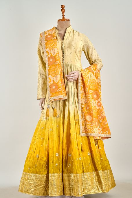 crepe dupion tissue saffron orange golden yellow lemon yellow gown with dupatta