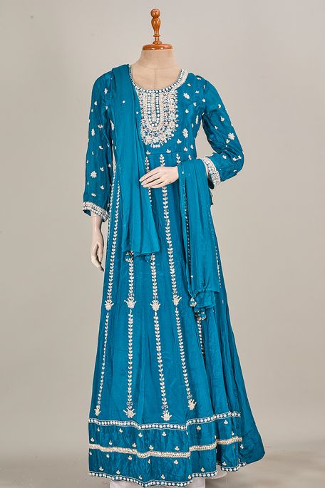 chiffon crepe dark pine sea green gown with dupatta