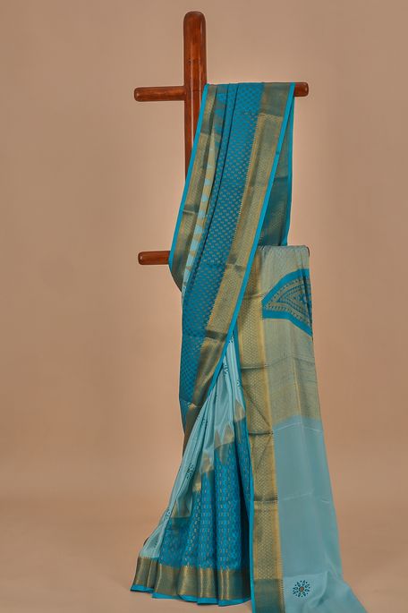 Mysore crepe sky and aqua blue turquoise blue saree with blouse