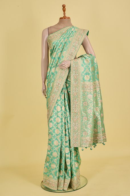 silk mint cream sea green saree with blouse
