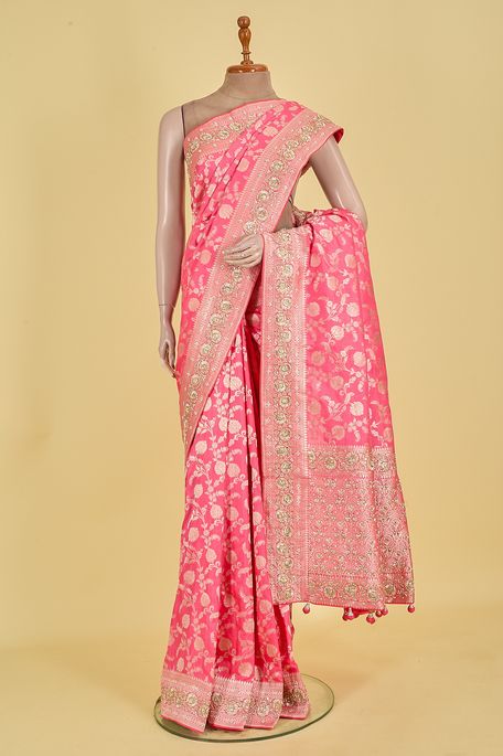 silk strawberry pink saree with blouse
