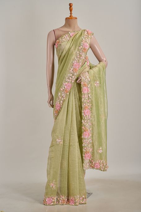 organza tissue earth olive green saree with blouse