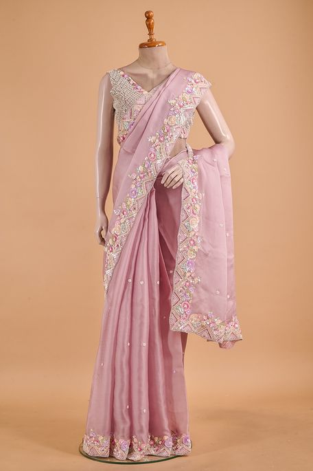 organza blush purple voilet saree with stitched blouse
