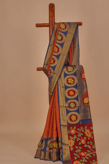 Kalamkari- Mysore crepe dark peach brown saree with blouse