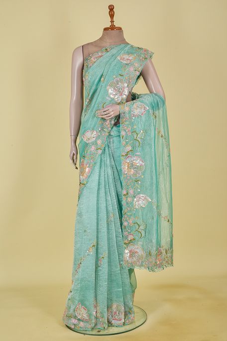 tissue mint cream sea green saree with blouse