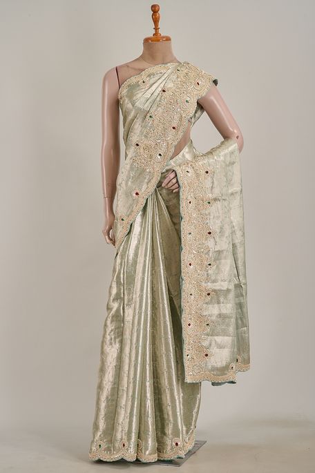 organza tissue sky and aqua blue saree with blouse