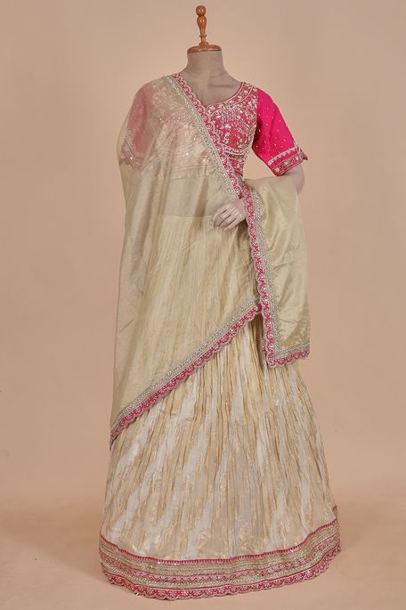 dupion organza tissue light beige fuschia pink ghagra choli ready to wear