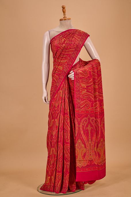 crepe dark red saree with blouse