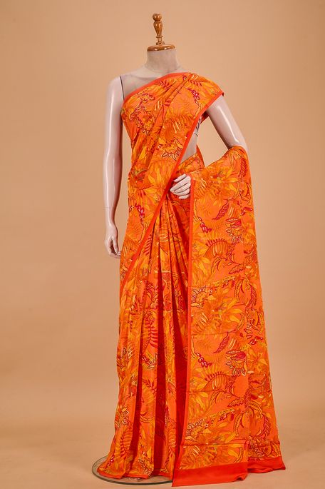 crepe saffron orange saree with blouse