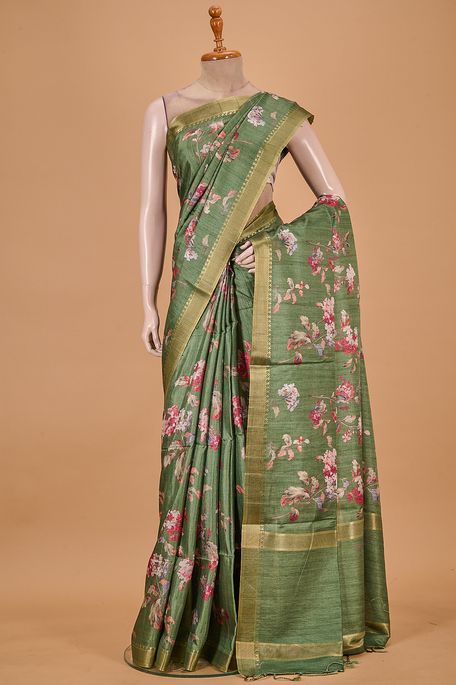 tussar olive green saree with blouse