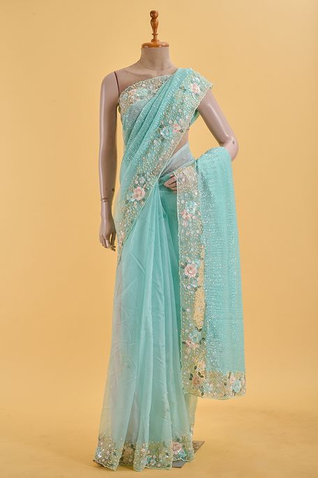 net / tule light persian sea green saree with blouse