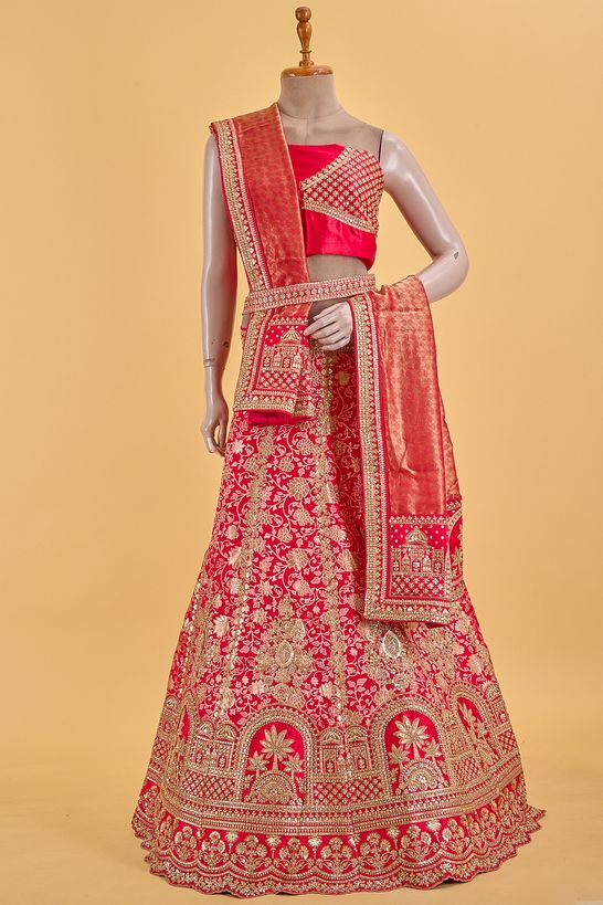 dupion tissue blood red ghagra choli custom sizing with belt
