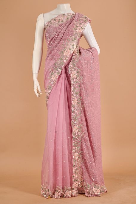 organza net / tule old rose pink saree with blouse