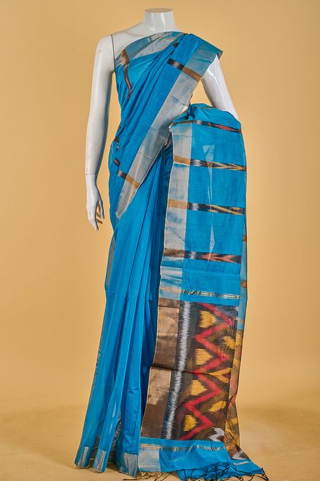kora cotton sapphire aqua blue saree with blouse