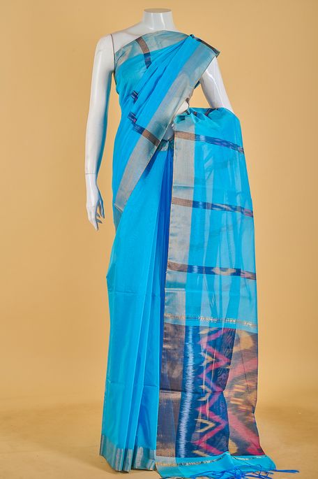 kora cotton sky and aqua blue saree with blouse