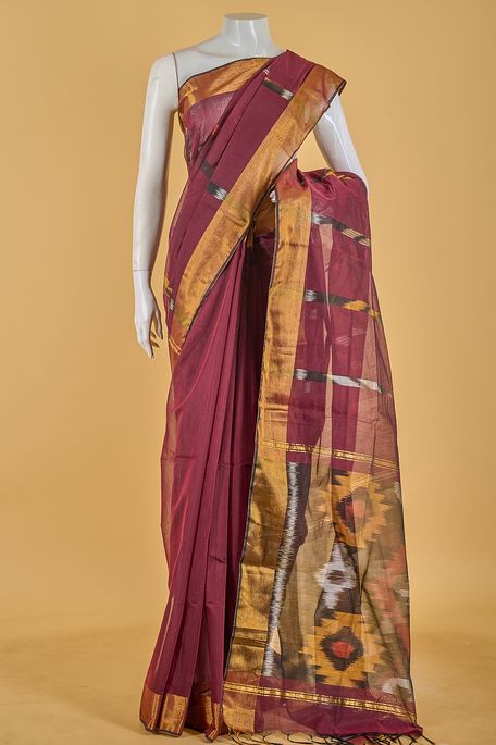 kora cotton dark burgundy mauve saree with blouse