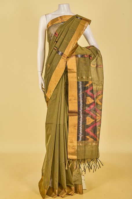 kora cotton olive green saree with blouse