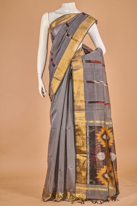 kora cotton dark steel grey saree with blouse