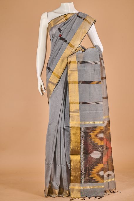 kora cotton dark steel grey saree with blouse
