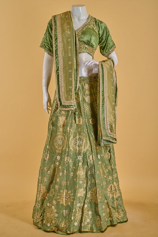 dupion tissue velvet fern green ghagra choli ready to wear
