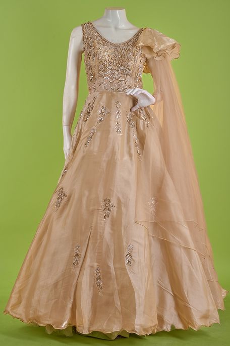 net / tule glass tissue light khakhi green brown gown with dupatta
