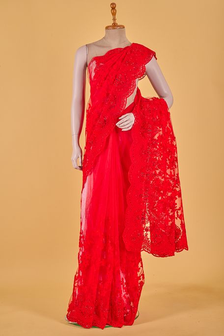 net / tule blood red saree with blouse