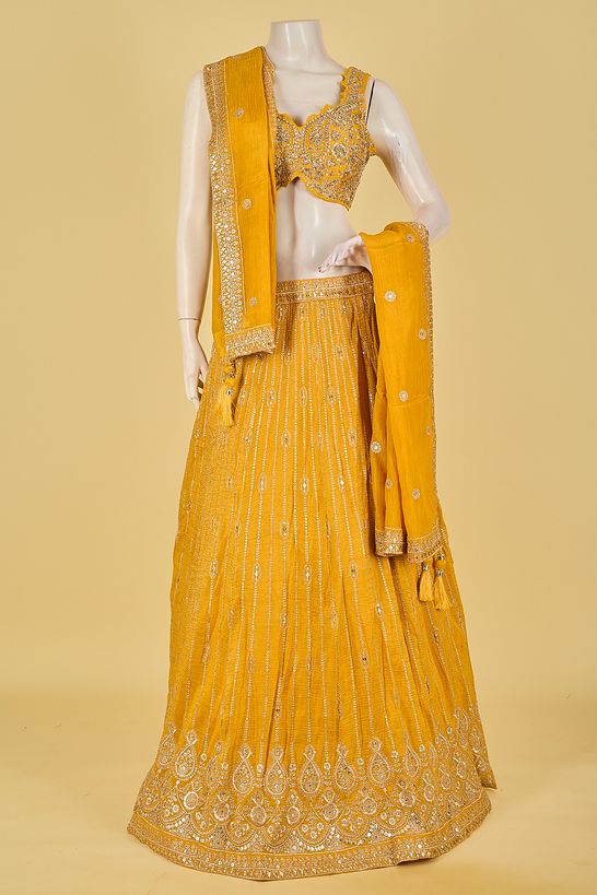dupion tissue golden yellow ghagra choli ready to wear