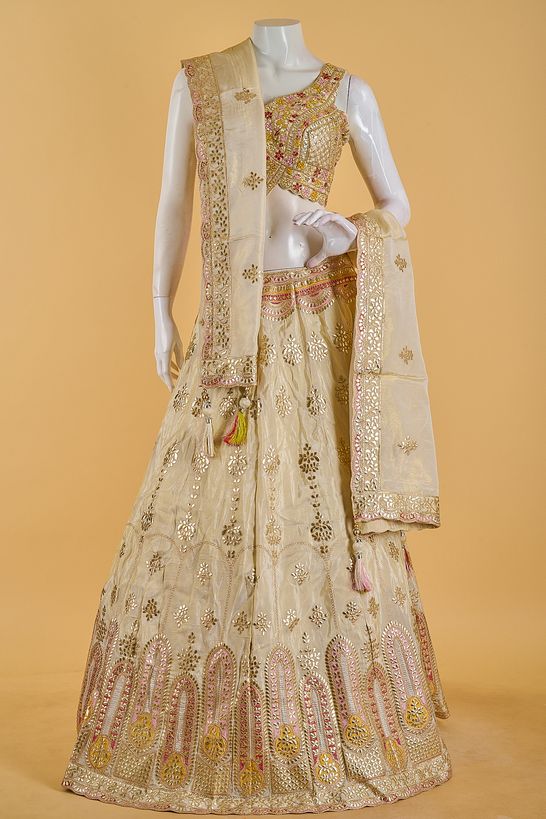 dupion tissue natural beige tussar ghagra choli ready to wear