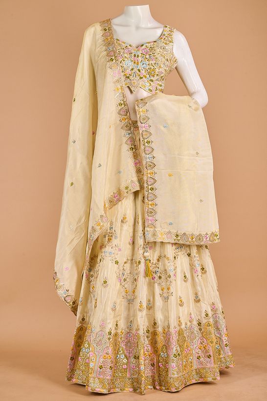 dupion tissue natural beige tussar ghagra choli ready to wear