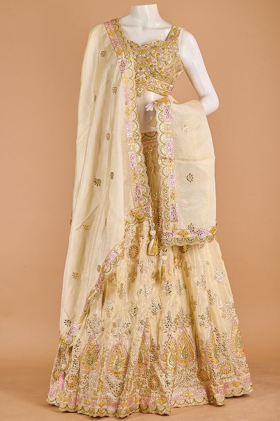 dupion tissue natural beige tussar ghagra choli ready to wear