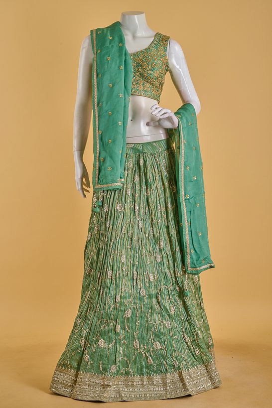 dupion organza tissue olive green ash ghagra choli ready to wear