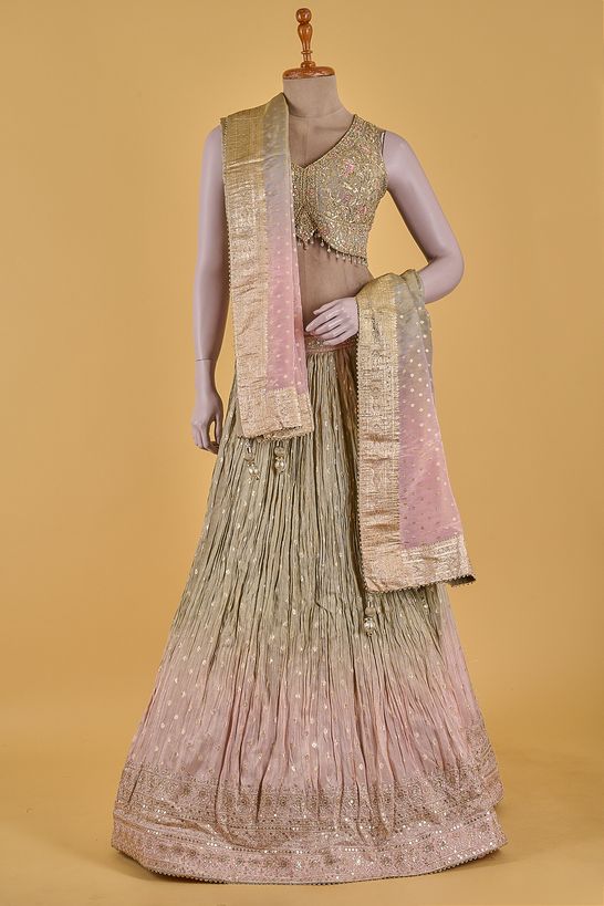 dupion tissue light steel grey light pink ghagra choli ready to wear