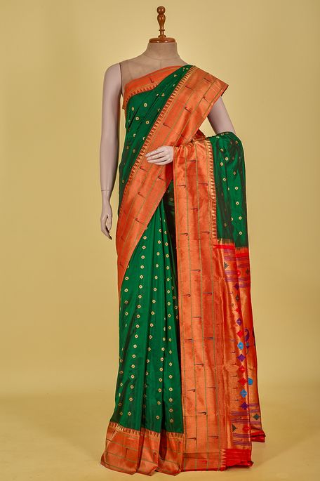 Paithani- silk dark olive green saree with blouse
