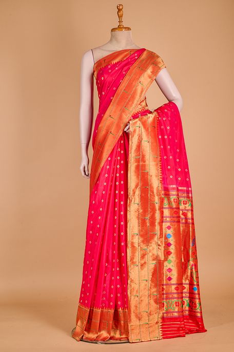 Paithani- silk tomato pink saree with blouse