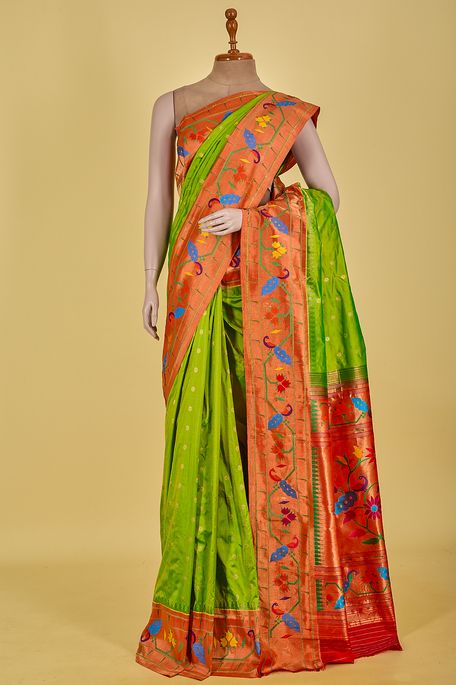Paithani- silk fig green saree with blouse