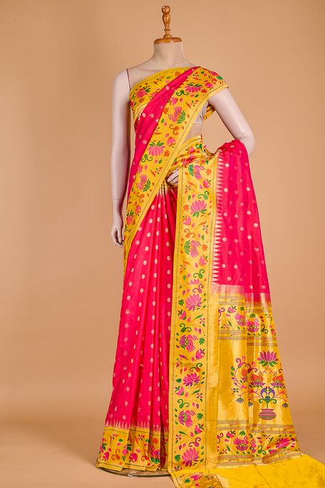 Paithani- silk tomato pink saree with blouse