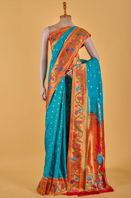 Paithani- silk light jungle sea green saree with blouse